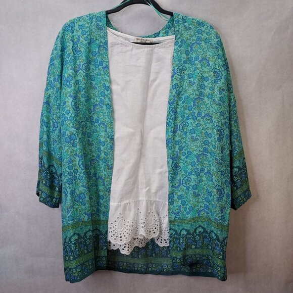 Cupcakes & Cashmere Kimono Women XS Oversized Green Blue Floral Light Open Top - Picture 2 of 10